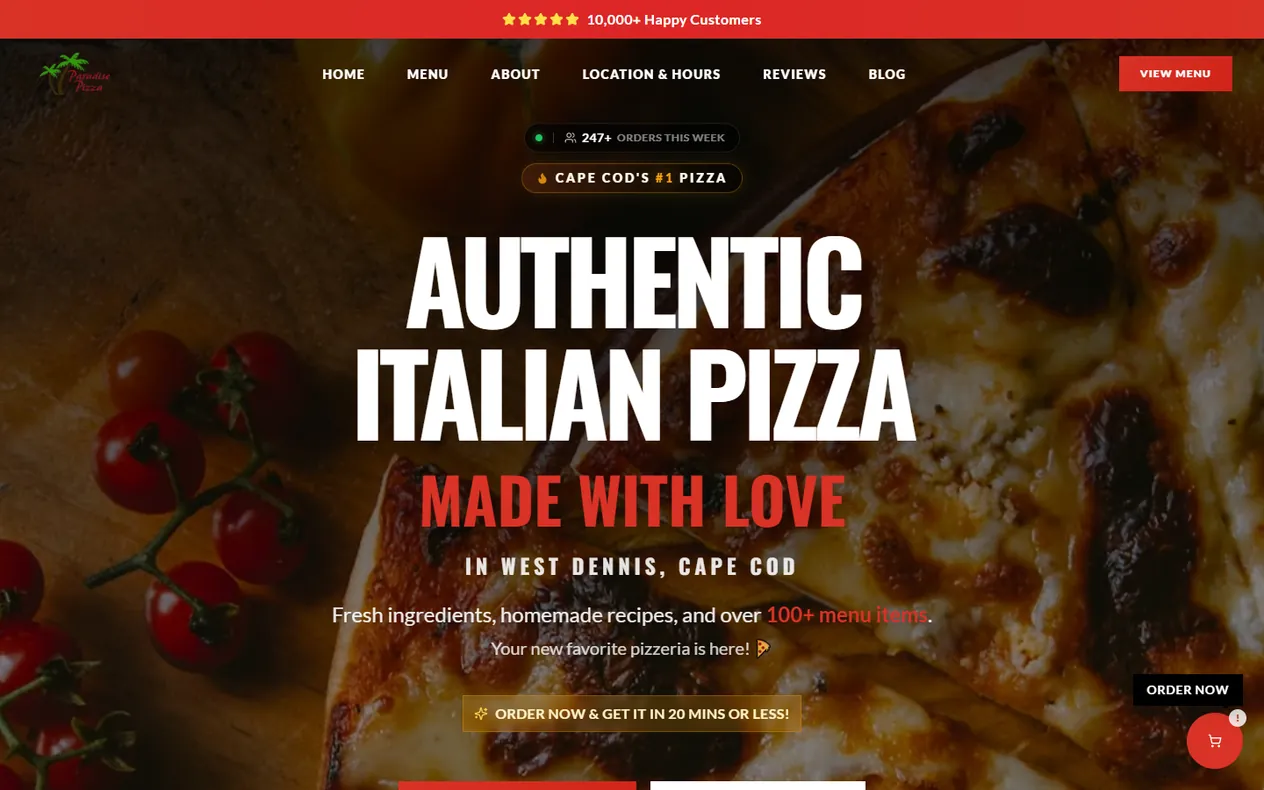Сайтът на Paradise Pizza (пицария, Масачузетс, САЩ) на компютър